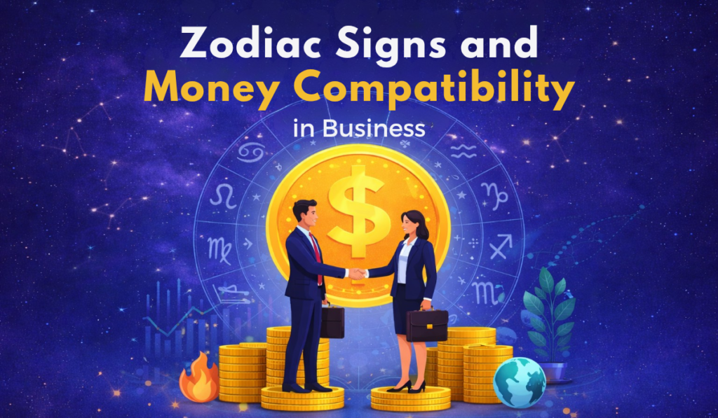 Zodiac signs and money compatibility business partnership illustrator