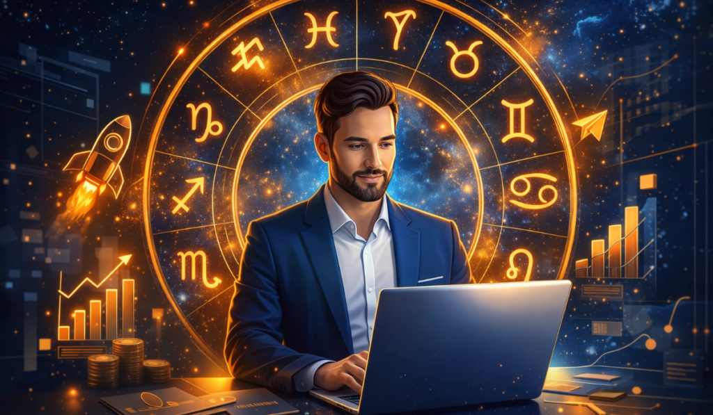 Zodiac signs for startup founders success with astrology and business growth concept